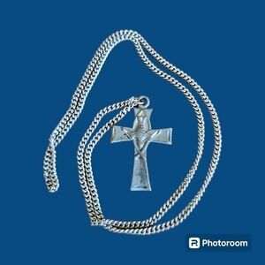 VINTAGE Pewter Holy Spirit Dove Cross Pendant Chain Necklace